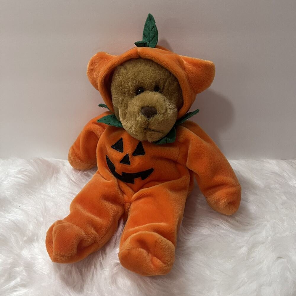 Vtg GAC Halloween Teddy Bear Pumpkin Jack O Lantern Plush Stuffed Animal 1998